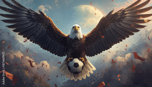 American football A majestic eagle soaring through the sky with a soccer ball in its talons, surrounded by clouds and confetti.
