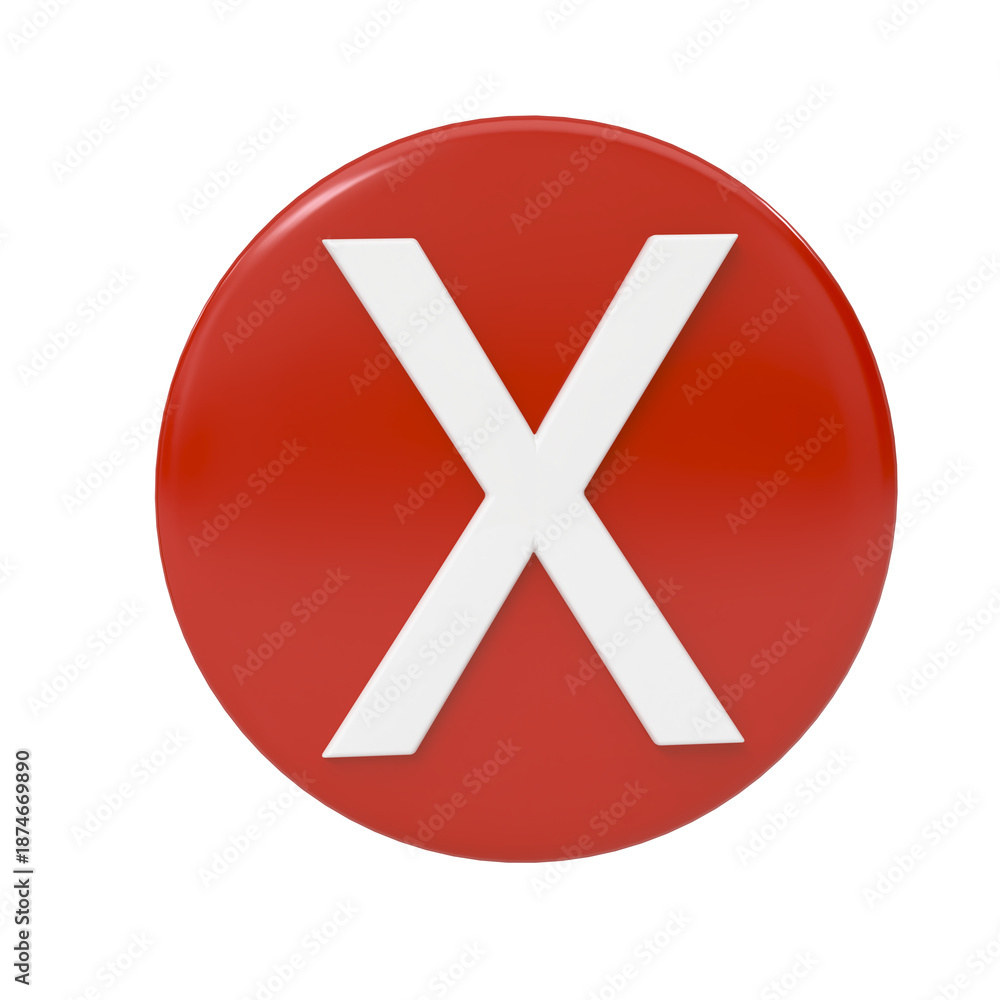 Fototapeta premium Red circular 3d button with a white x mark icon for cancel or error close
