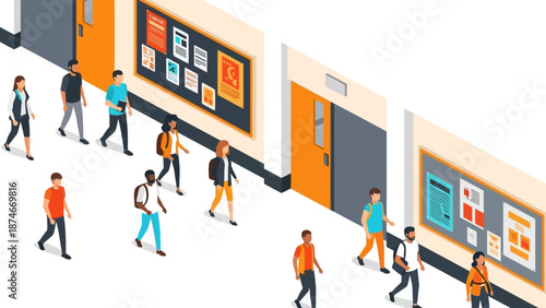 Students walking in school hallway with bulletin boards in isometric style