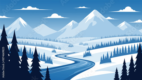 Vector illustration of a serene winter landscape with snow-covered mountains, pine trees, and a winding river under a clear blue sky