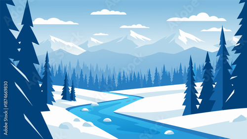 Crisp Winter Landscape Vector Illustration with Snowy Mountains and Flowing River