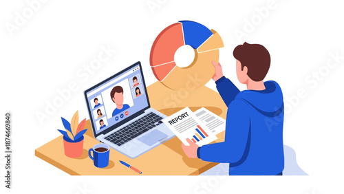 Isometric business meeting with virtual presentation and data analysis