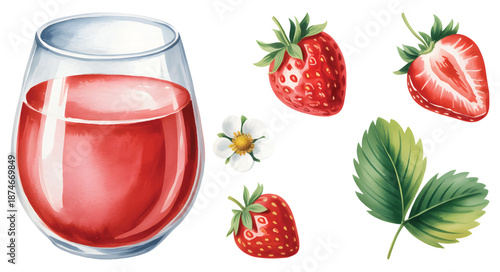 Strawberry drink with fresh botanical details. Fresh strawberry fruit and leaves with watercolor beverage.