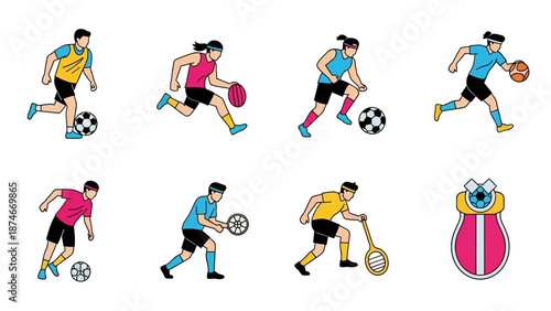Dynamic sports characters playing various team games in flat design style