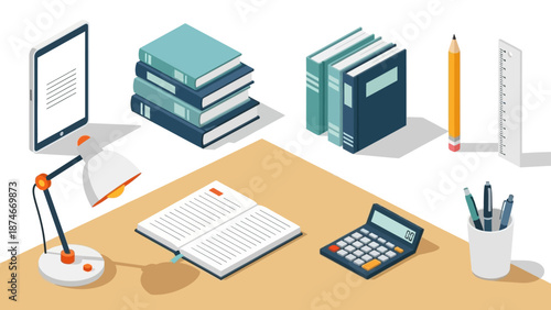Isometric office desk with books, stationery, and digital tablet for modern workspace design