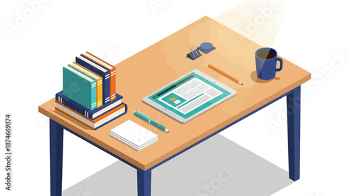 Cozy workspace with books and tablet on wooden desk in isometric style