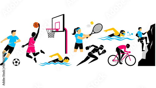 Diverse athletic icons featuring popular sports in vibrant style