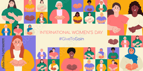 International Women's day geometric minimalist banner template with diverse happy women with open palms hands giving gesture. Give To Gain IWD 2026 concept and hashtag Modern flat vector illustration 