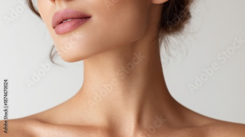Woman with perfect smooth skin applying natural pink lipstick, showcasing clear complexion, healthy facial contours, neckline, and decolletage in a close up beauty portrait