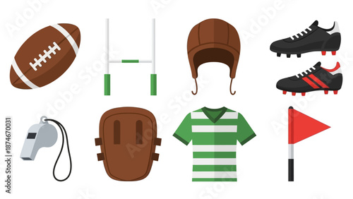 Rugby equipment set: ball, goal, helmet, cleats, whistle, pads, jersey, flag