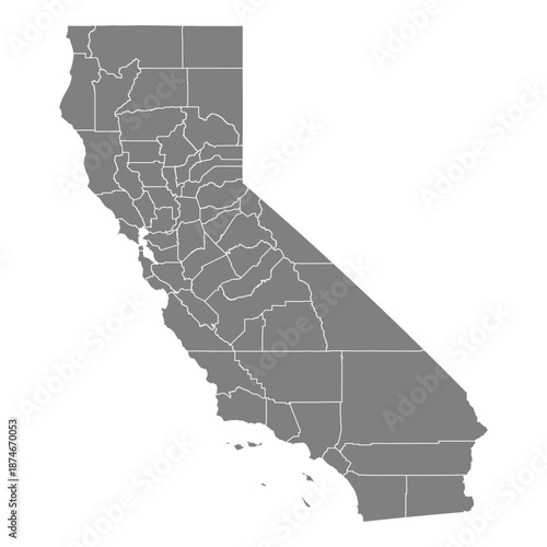 California State Map Vector SVG Grey Fill White County Lines Transparent Background Isolated Silhouette High Quality Political Administrative Boundaries Concept for Infographic Data Visualization