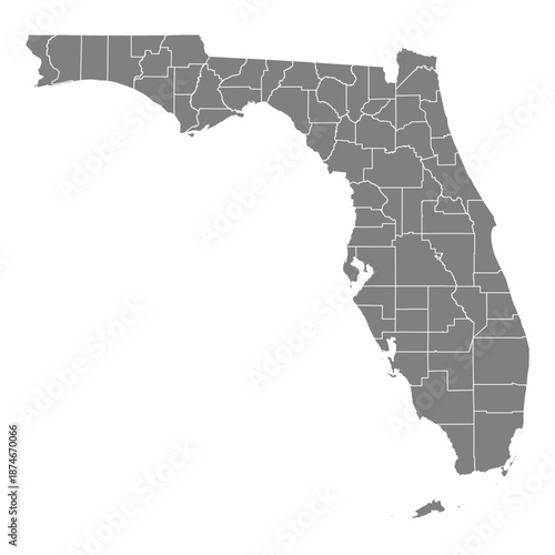 Florida State Map Vector SVG Grey Fill White County Lines Transparent Background Isolated Silhouette High Quality Political Administrative Boundaries Concept for Infographic Data Visualization