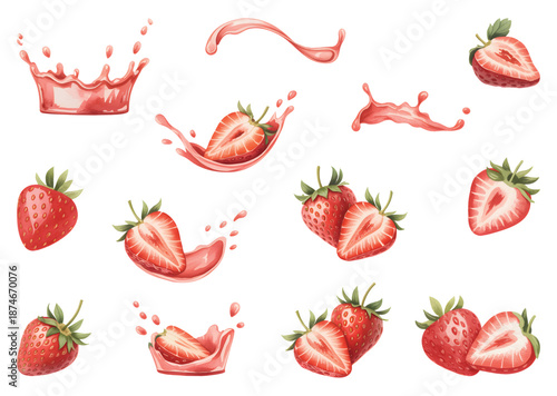 Fresh strawberry fruit with juice splash in natural watercolor art. Botanical strawberry set with dynamic splash in hand watercolor.