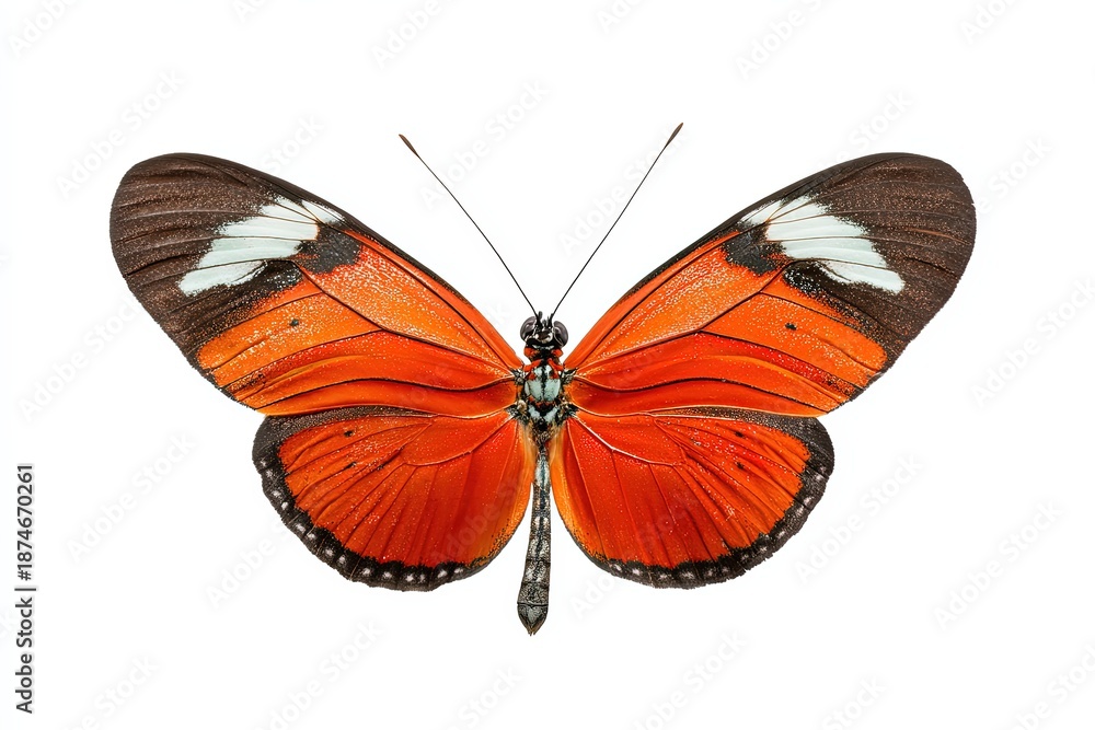 Fototapeta premium Radiant Butterfly's Dance: An eye-level shot captures a butterfly showcasing its colorful wings, highlighting the intricate details of nature's design.