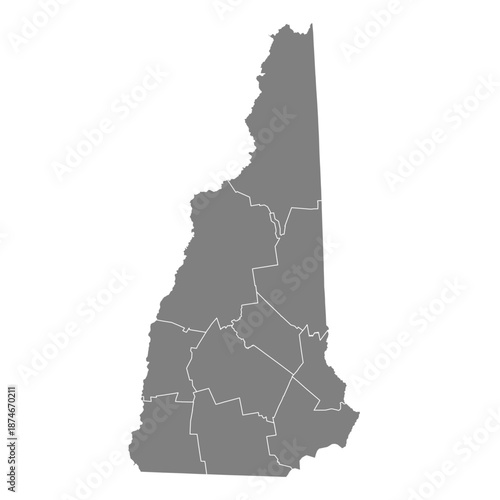 New Hampshire State Map Vector SVG Grey Fill White County Lines Transparent Background Isolated Silhouette High Quality Political Administrative Boundaries Concept for Infographic Data Visualization