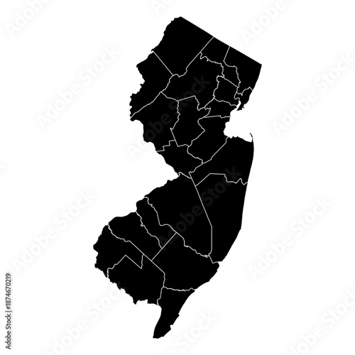 New Jersey State Map Vector SVG Black Fill White County Lines Transparent Background Isolated Silhouette High Quality Political Administrative Boundaries Concept for Infographic Data Visualization