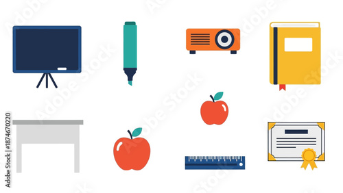 Flat style classroom elements: chalkboard, marker, projector, book, desk, apple, ruler, certificate