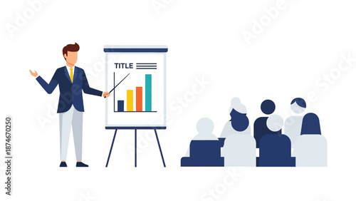 Business presentation in flat design showing speaker with audience and bar chart
