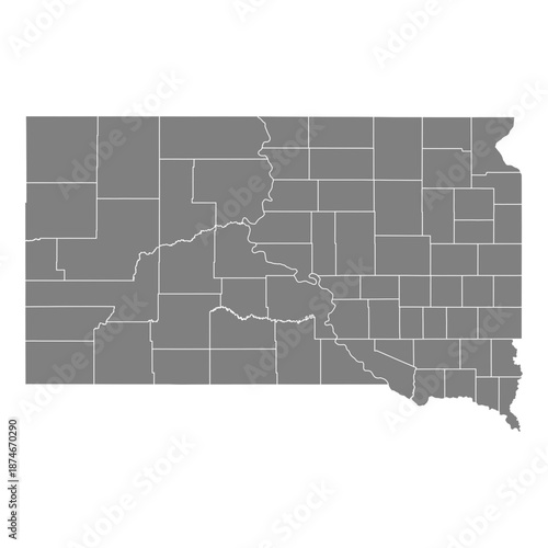 South Dakota State Map Vector SVG Grey Fill White County Lines Transparent Background Isolated Silhouette High Quality Political Administrative Boundaries Concept for Infographic Data Visualization