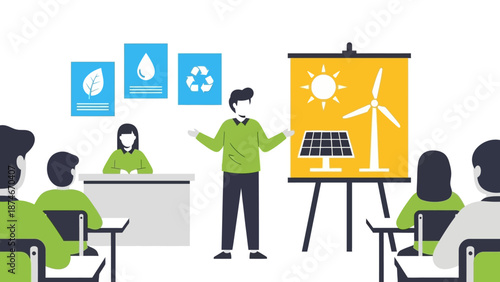 Sustainable energy workshop: flat design concept featuring solar and wind power