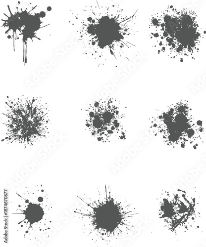 Black ink splatter vector set grunge splash elements for design abstract stain texture background graphic resource Paint ink splatter, stains set. Splash of paints with drops. High level of tracing.
