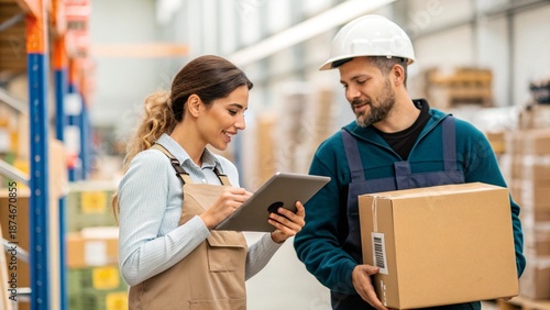 Female Inventory Manager Shows Digital Tablet Information to a Worker Holding Cardboard Box, They Talk and Do Work. In the Background Stock of Parcels with Products Ready for Shipment.