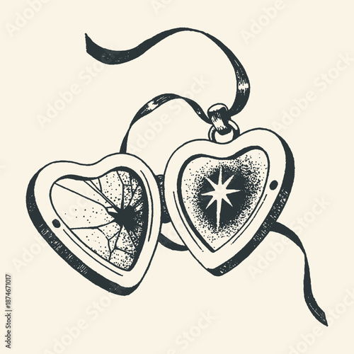 Vintage Style Heart Locket Illustration with Broken Mirror and Star for Themes of Heartbreak and Memory