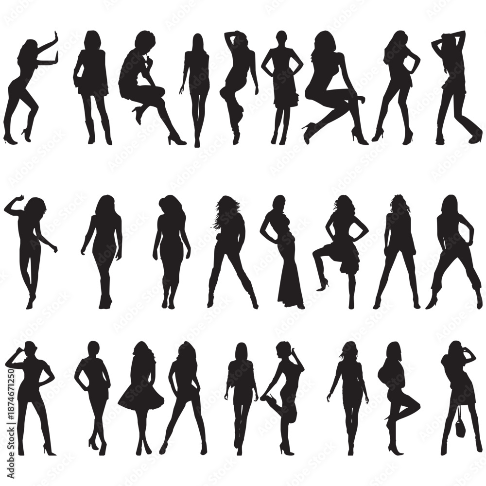 Obraz premium A collection of 30 stylish female silhouettes showcasing various poses and dynamic movements