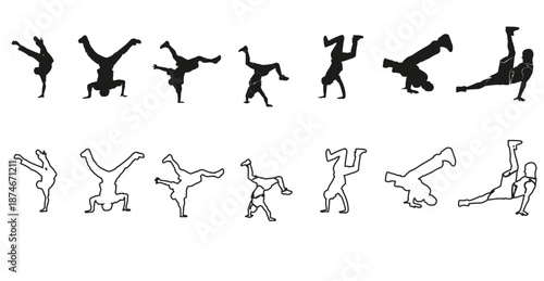 Dynamic collection of breakdancing poses showcasing various b-boy moves and freezes