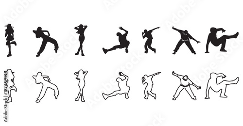 Dynamic dance poses silhouettes and outlines depicting various energetic movement styles
