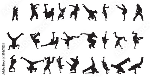 Dynamic silhouettes showcasing energetic breakdance poses and acrobatic moves style 