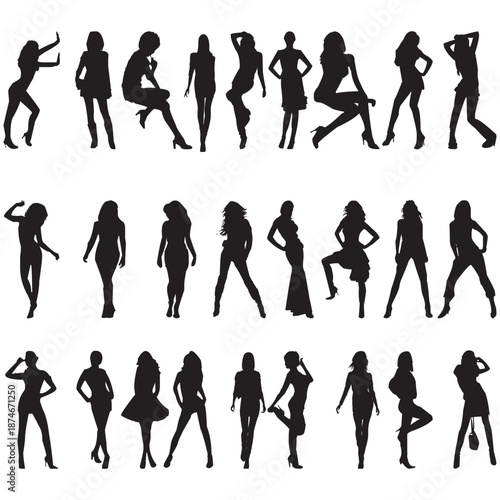 A collection of 30 stylish female silhouettes showcasing various poses and dynamic movements