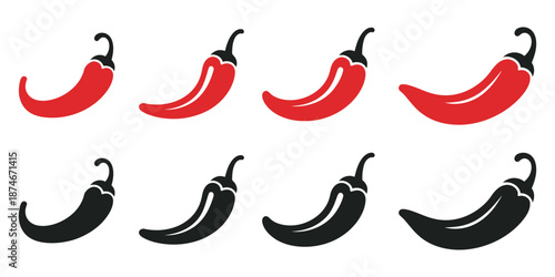 Chili pepper vector icon set in silhouette style, isolated on white background, ideal for cooking, food packaging