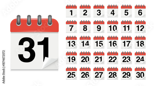 Red Desk Calendar Date Vector Set – 1, 2, 3, 4, 5, 6, 7, 8, 9, 10, 11, 12, 13, 14, 15, 16, 17, 18, 19, 20, 21, 22, 23, 24, 25, 26, 27, 28, 29, 30, 31, All Days of Year, Calendar Icons.