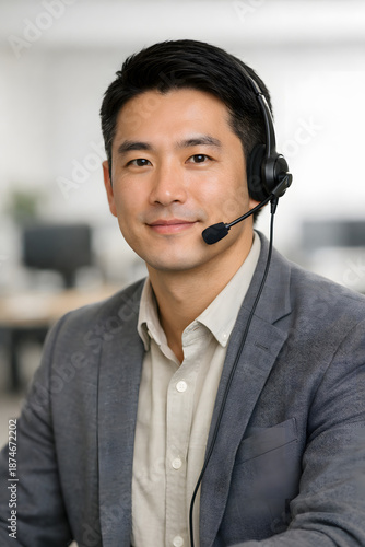 Ultra-realistic stock photo of an East Asian male customer support agent wearing a modern headset in a clean, minimal office. Friendly, confident expression, professional business casual style.