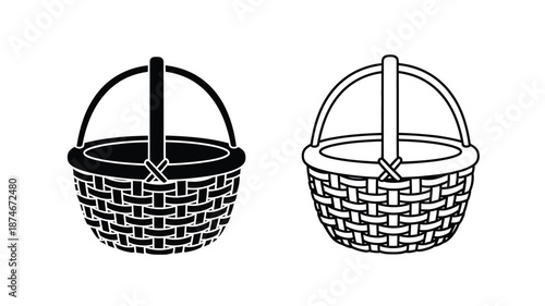 Two woven baskets with handles detailed black and white illustration silhouette