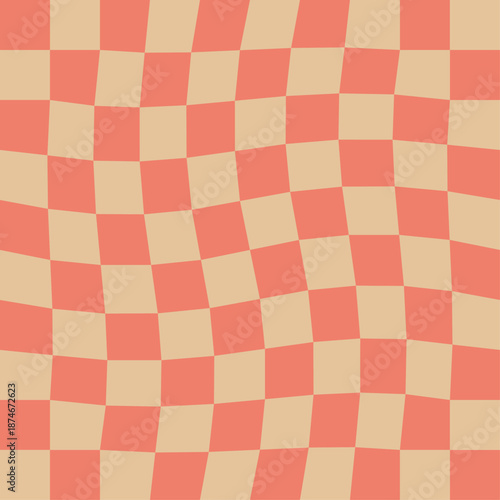 Retro wavy red yellow groovy background with distorted grid. Abstract square checkerboard, checker vector illustration.
