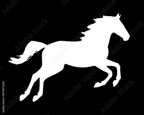 Horse silhouette, side view. Isolated white flat element of galloping, jumping, trotting, horse on black background. Vector icon, logo, illustration. 