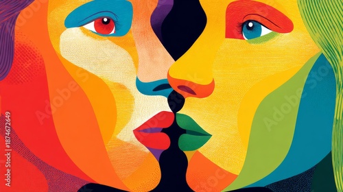 Valentine-themed image of a couple in profile, about to kiss, observed by stylized eyes