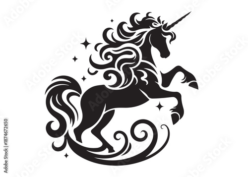 unicorn horse logo silhouette vector, magical fantasy horse logo silhouette illustration, vector unicorn horse with horn logo, horse animals magic fantasy logo vector silhouette on white background