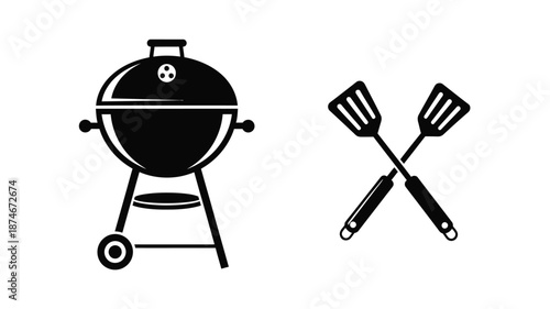 Barbecue grill and cooking utensils in a striking black silhouette