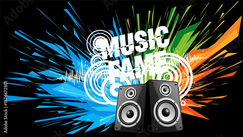 Abstract explosive sound wave vector illustration with speakers and vibrant colors