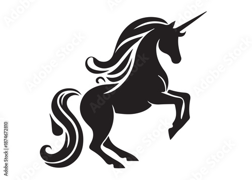 unicorn horse logo silhouette vector, magical fantasy horse logo silhouette illustration, vector unicorn horse with horn logo, horse animals magic fantasy logo vector silhouette on white background