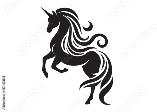 unicorn horse logo silhouette vector, magical fantasy horse logo silhouette illustration, vector unicorn horse with horn logo, horse animals magic fantasy logo vector silhouette on white background