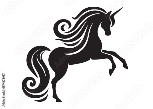 unicorn horse logo silhouette vector, magical fantasy horse logo silhouette illustration, vector unicorn horse with horn logo, horse animals magic fantasy logo vector silhouette on white background