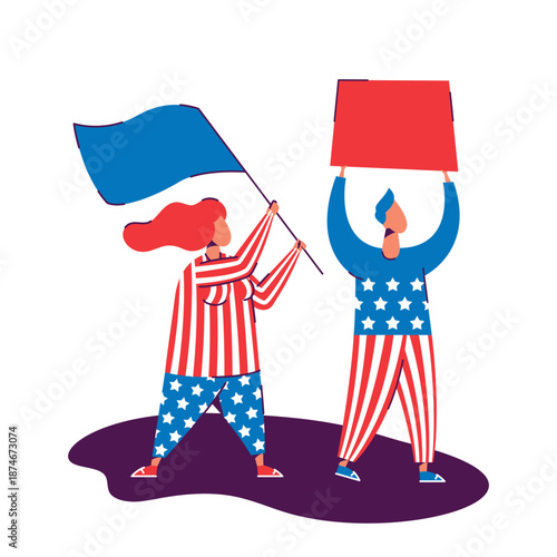 Vector flat illustration. People dressed in clothes with white stars and red stripes holds banner, flag and protests. Concept of rally, support of democracy, USA human rights, protest, power, freedom