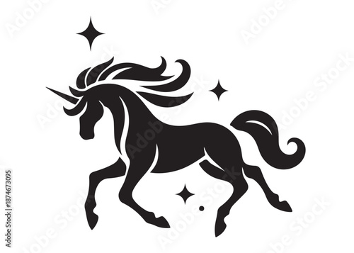 unicorn horse logo silhouette vector, magical fantasy horse logo silhouette illustration, vector unicorn horse with horn logo, horse animals magic fantasy logo vector silhouette on white background