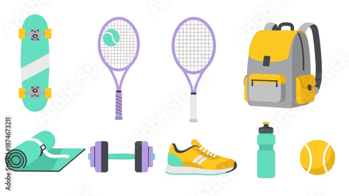Modern sports equipment: skateboard, tennis gear, backpack, and more in flat design