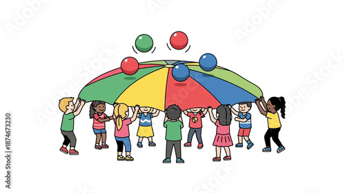 Diverse children playing with colorful parachute and balls in fun outdoor activity