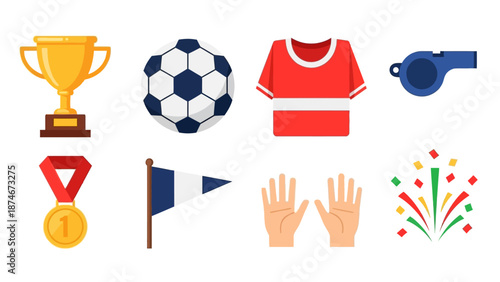 Flat sports icons: soccer, trophy, whistle, and more for athletic themes